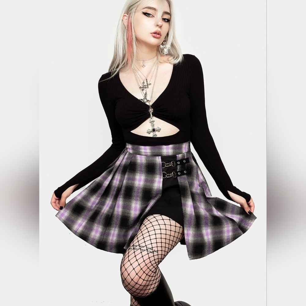 Disturbia Flannel Purple Pleated Skirt with Buckle Detail sz 16